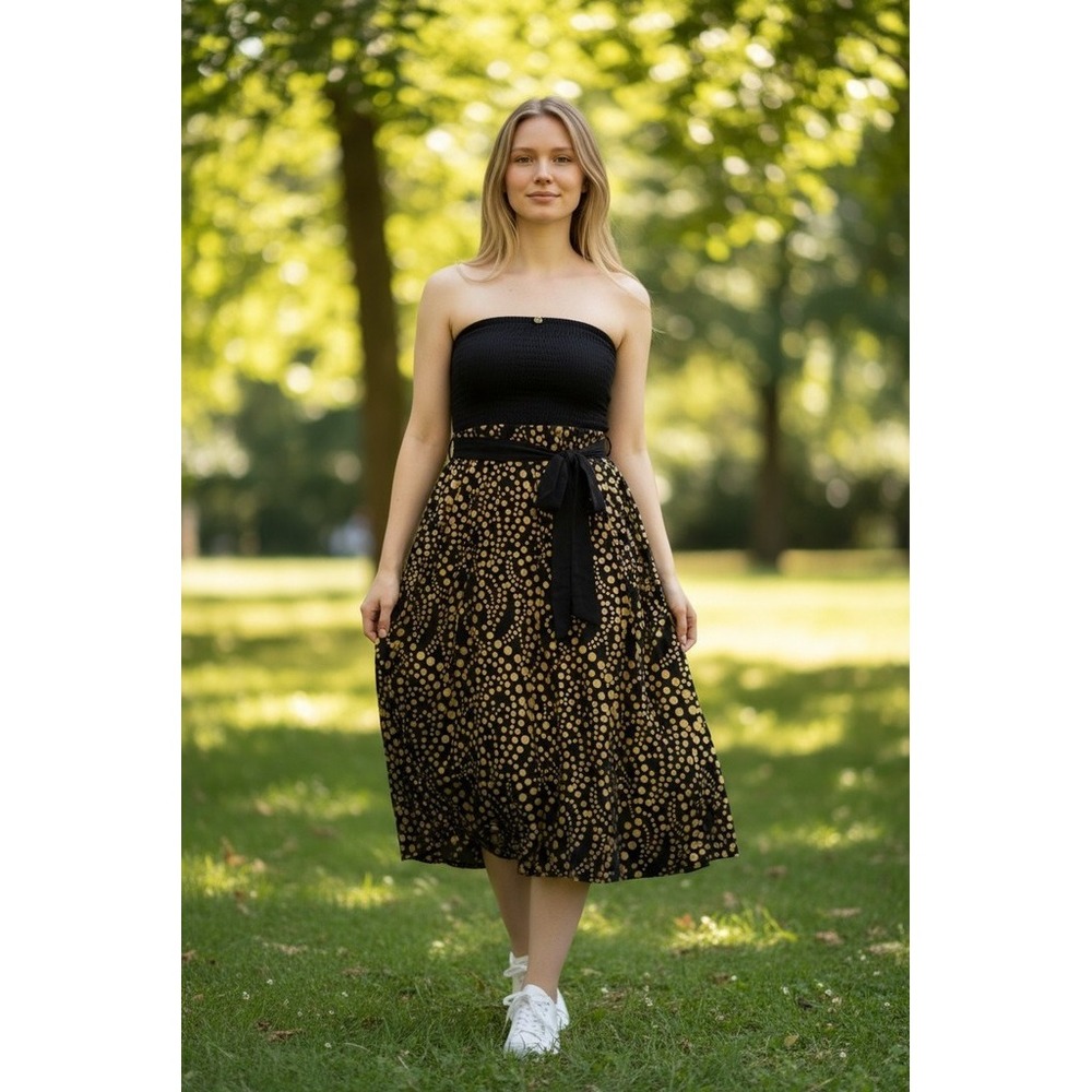 Gadogado Dress Womens Sz L Black Gold Polka Dot Strapless Tie-Back Midi vacation